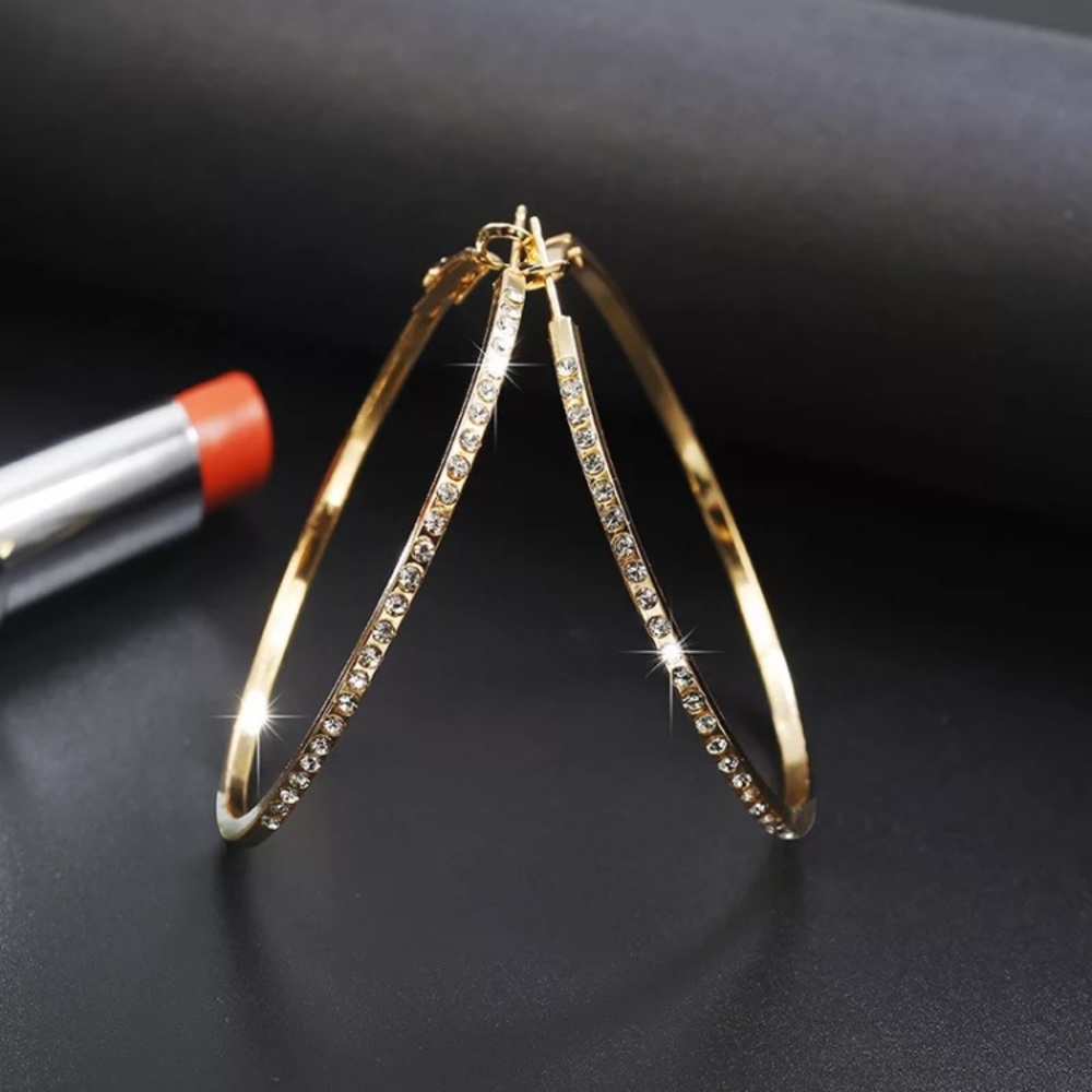 Gold Tone Crystal Hoop Earrings - Picture 1 of 4